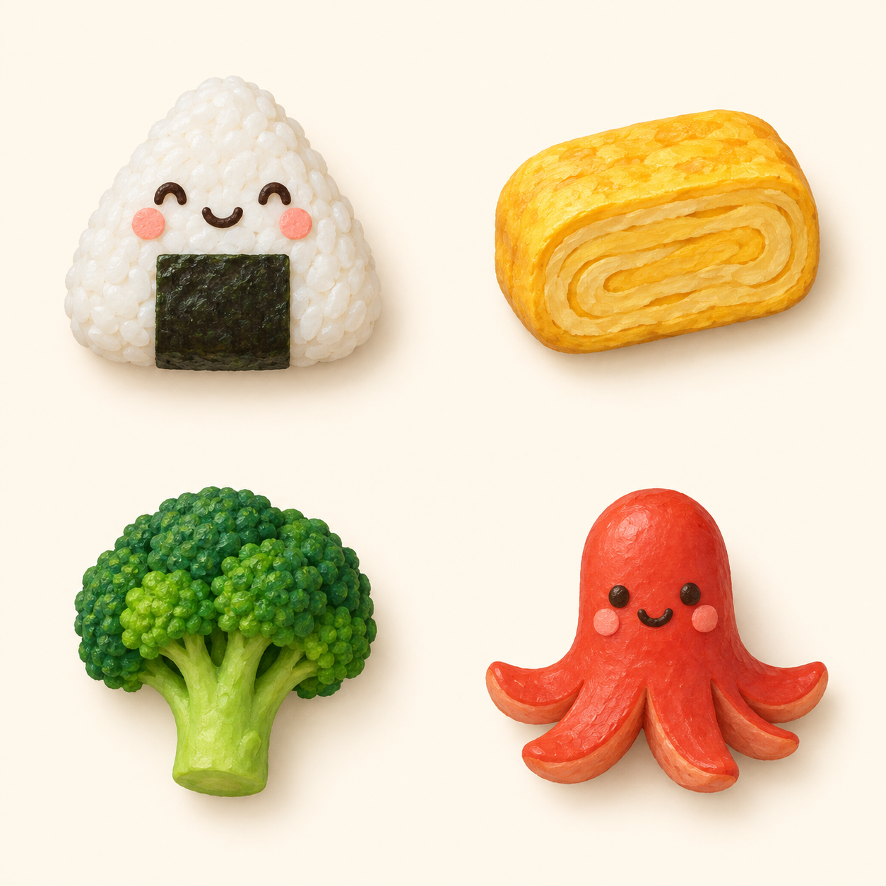 笑顔のおにぎり、たまごやき、ブロッコリー、ウインナー